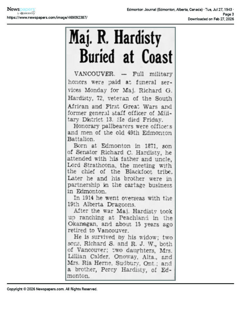 Edmonton Journal newspaper clipping, 27 July 1943, concerning Major Richard Hardisty